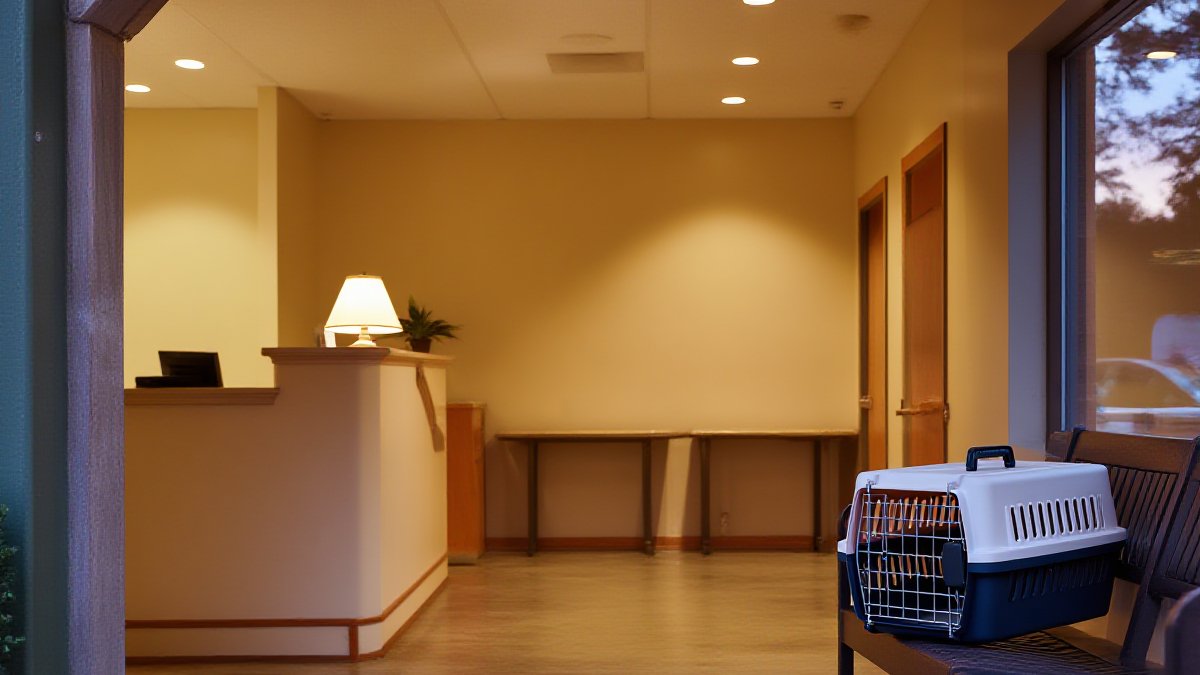 A cat carrier and a worried owner preparing for an emergency veterinary visit in Danville, Illinois
