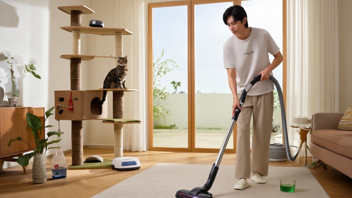 A person vacuuming a sunny living room rug while a tabby cat watches from a nearby cat tree