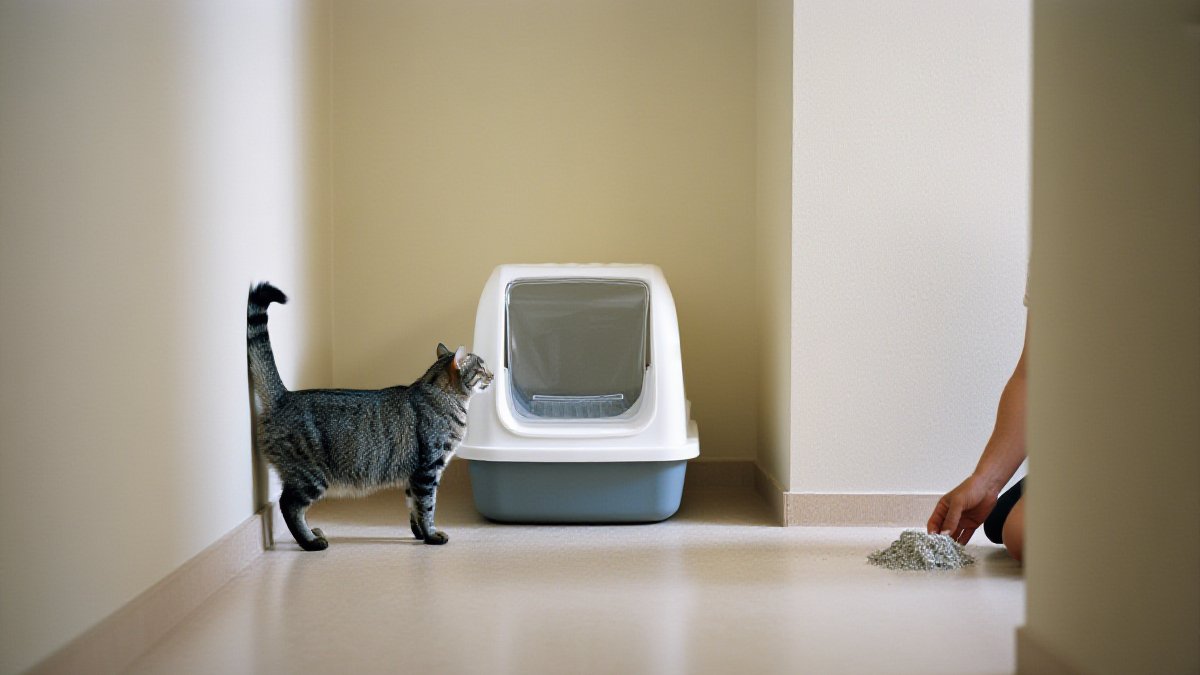 A gray tabby cat standing beside its litter box while an owner kneels to inspect the clumped litter