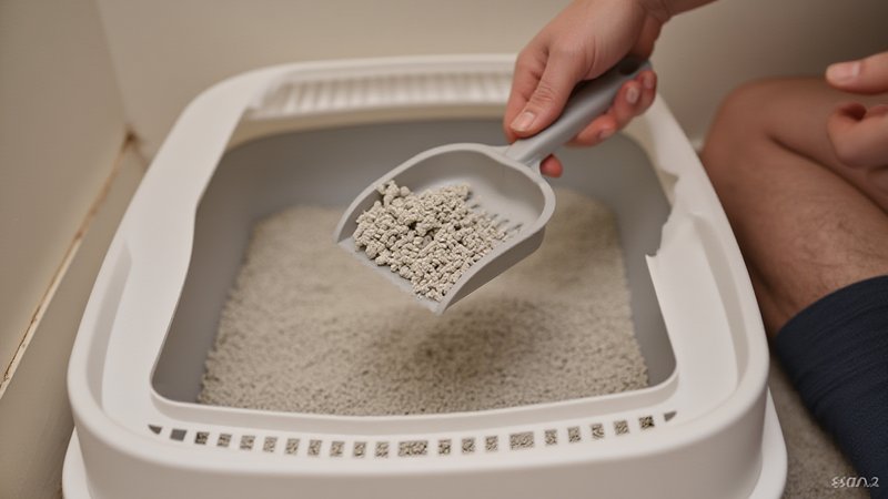 An owner lifting clumped litter from a box with a scoop and looking closely at the color of the clumps