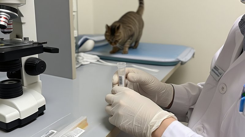 A veterinarian preparing a urine sample on a clinic counter beside a microscope