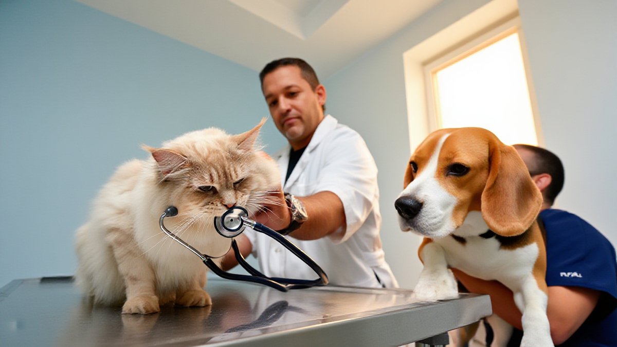 A veterinarian in a white coat gently examining the face and ears of a fluffy cream-colored Ragdoll cat in a bright exam room