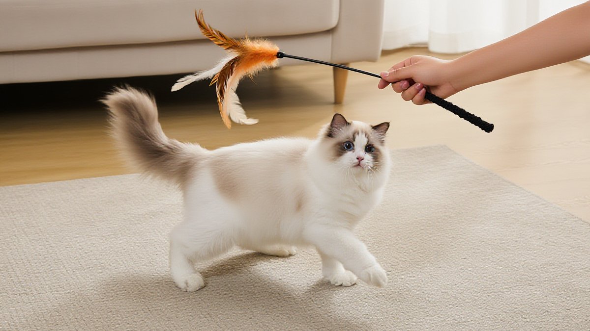 A person playing with a fluffy cat using a feather wand toy across a living room rug
