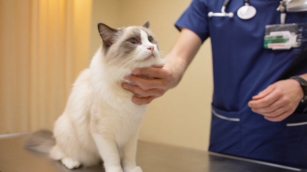 A veterinarian in navy scrubs gently lifting the chin of a cream Ragdoll cat on an exam table during a skin check