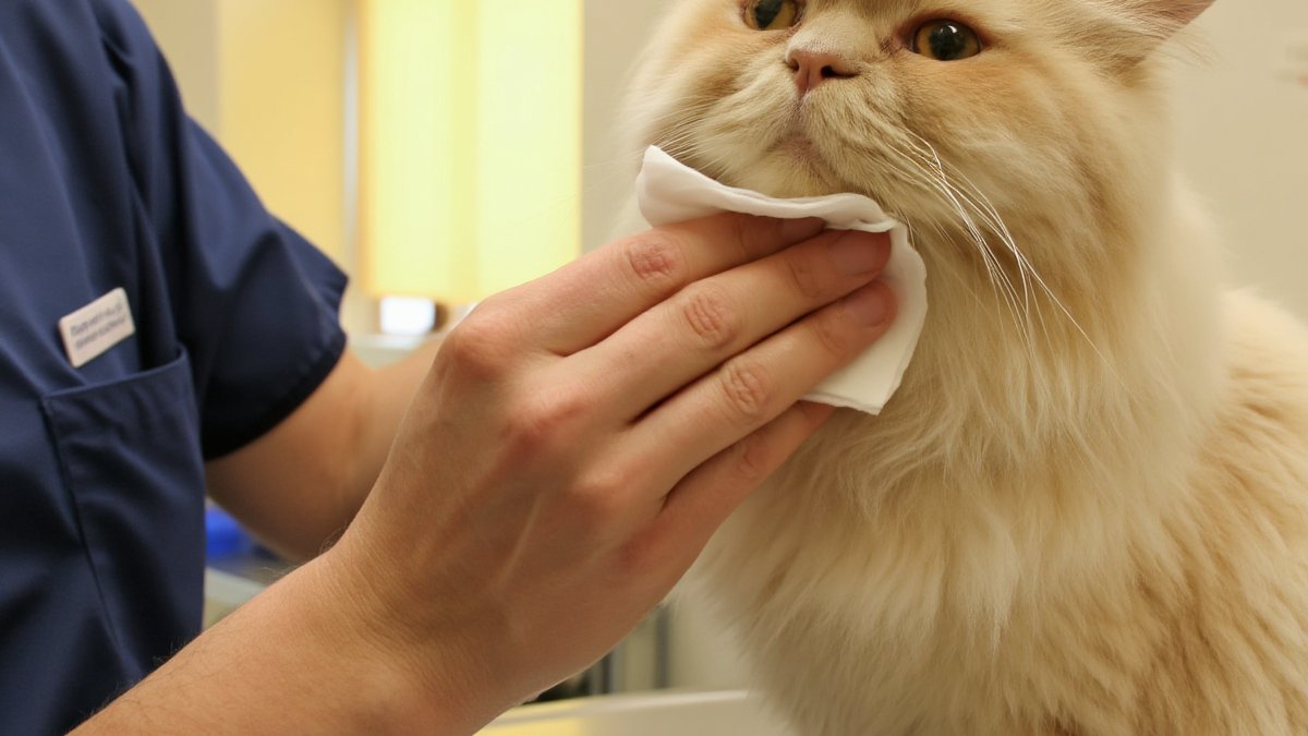 A veterinarian gently wiping the chin of a cream Persian cat with a damp cotton pad during a clinic exam