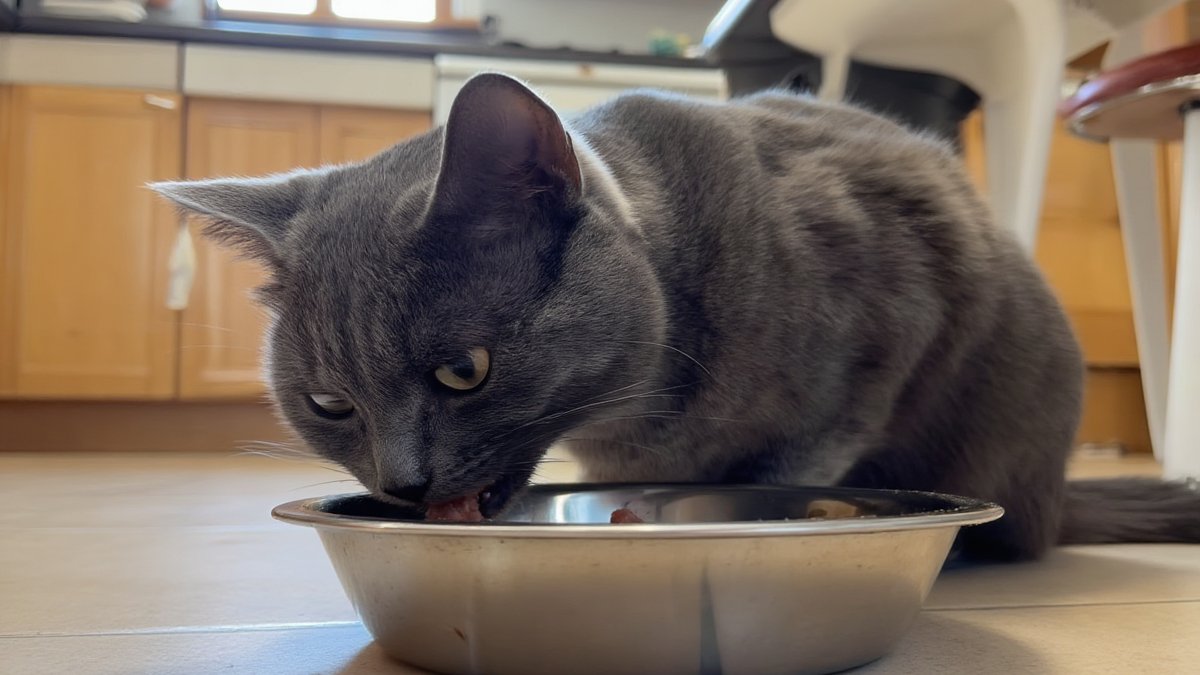 A gray tuxedo cat eating from a stainless steel bowl on a kitchen floor in morning light
