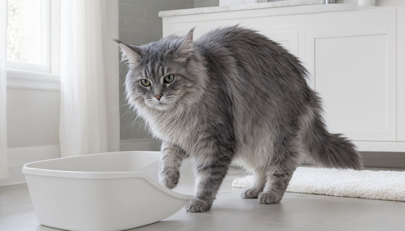 An orange tabby cat hesitating at the entrance of a litter box in a tidy American bathroom, looking uncomfortable