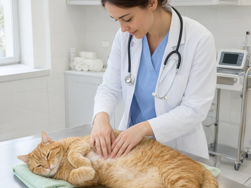 A veterinarian palpating the abdomen of a calm tabby cat on an exam table in a veterinary clinic