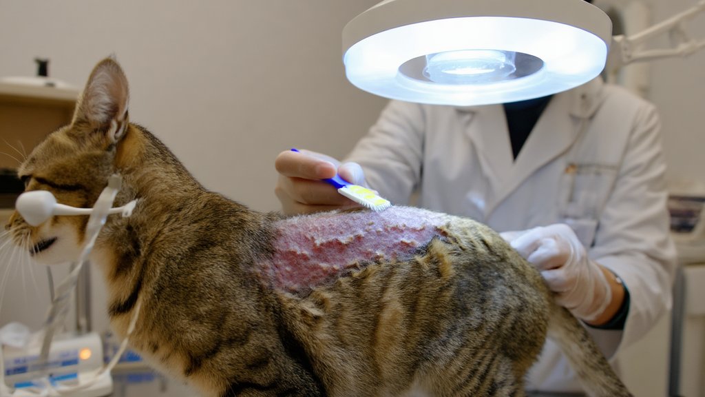 A veterinarian examining the flaky skin along a brown tabby cat’s back with a flea comb under bright exam light