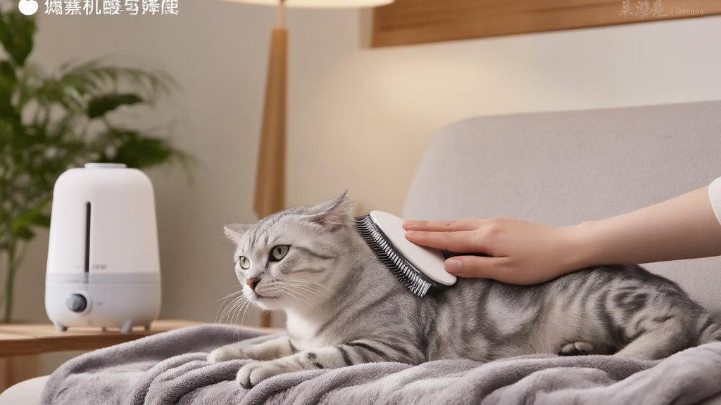 A content silver tabby cat being gently brushed on a soft grey blanket next to a humidifier