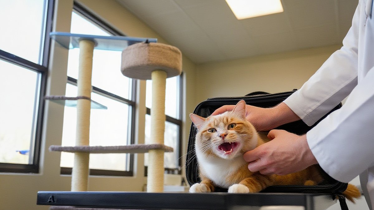 A veterinarian in a white coat gently lifting the lip of an orange tabby cat to examine its teeth and gums on an exam table