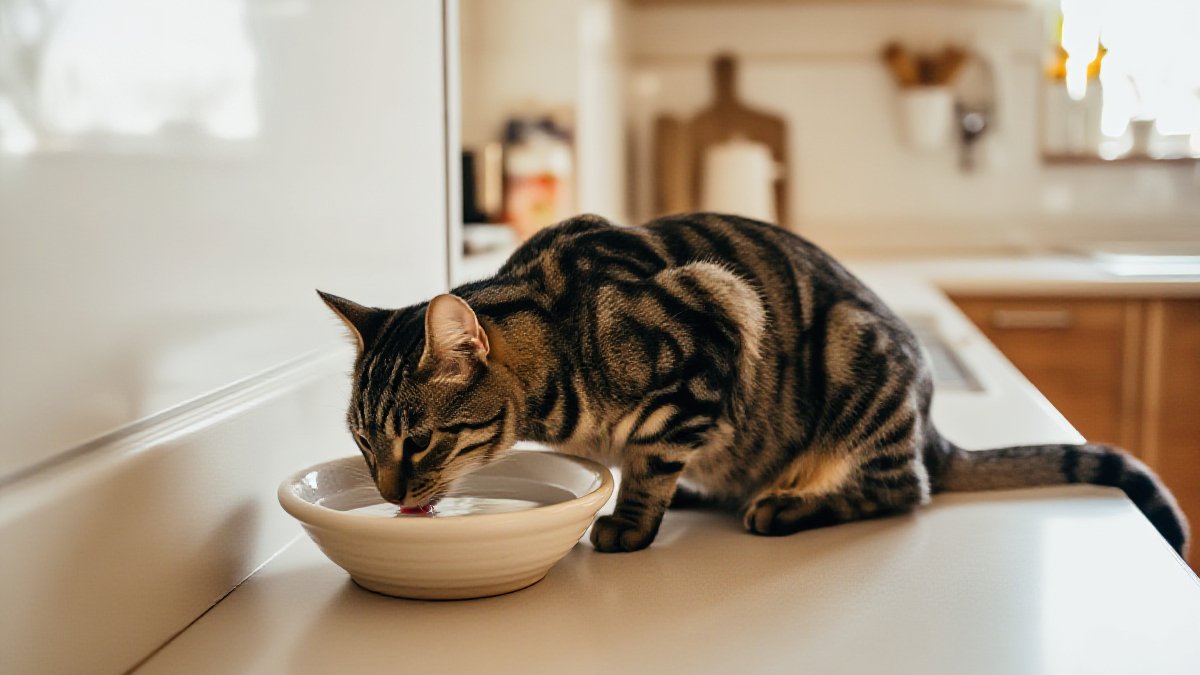 A sleek tabby cat drinking from a ceramic water bowl on a bright kitchen counter in morning light