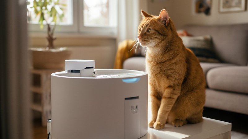 A senior orange cat sitting beside a modern pet water fountain in a cozy living room