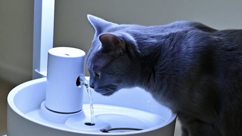 A grey tuxedo cat leaning down to drink from a flowing pet water fountain, close profile