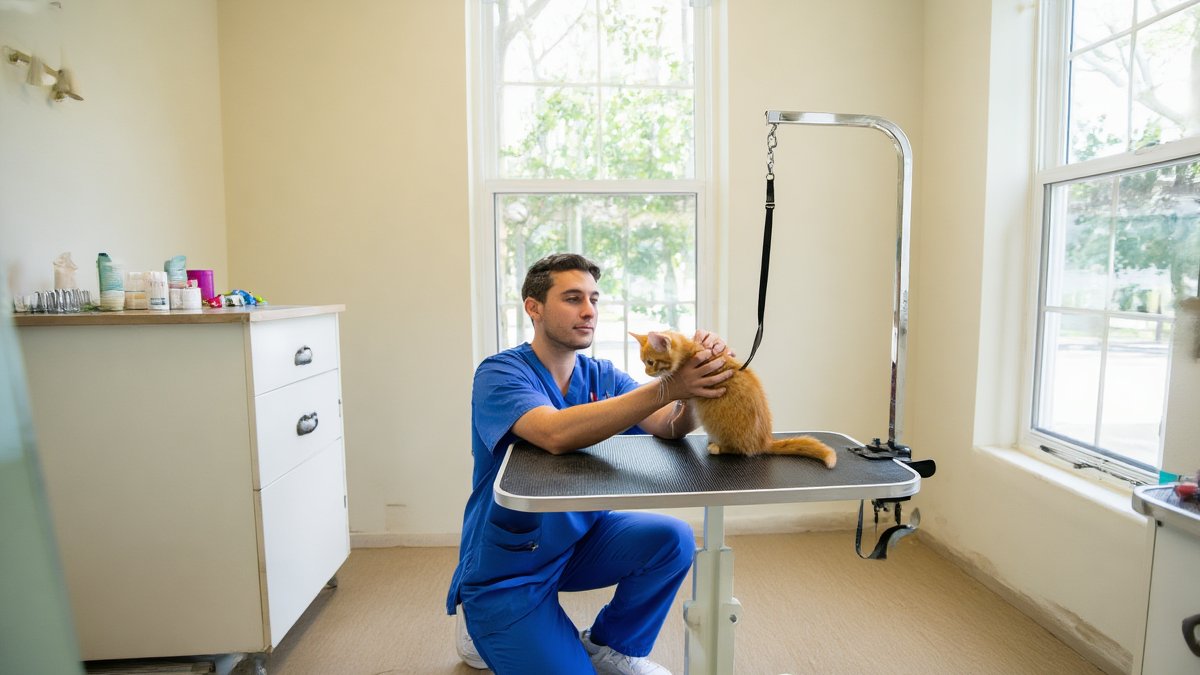 A ginger kitten being comforted by a veterinary technician at a grooming table in a light-filled clinic suite
