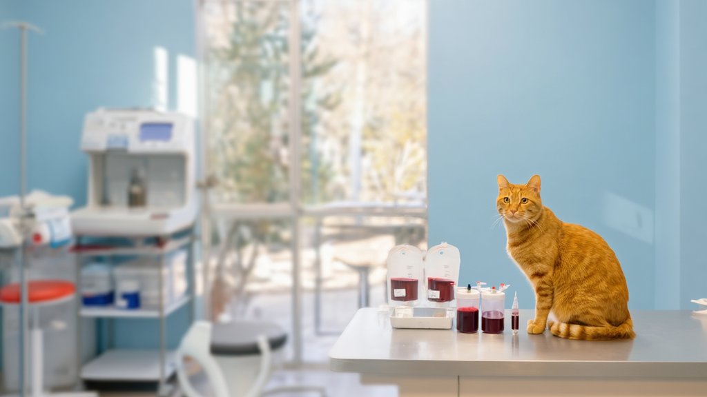 An orange tabby cat sitting alertly on an exam table in a bright veterinary room