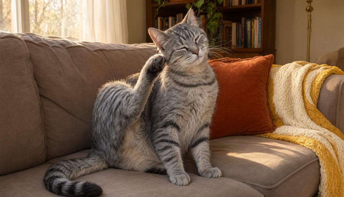 A young grey tabby cat scratching at its ear with a back paw on a soft couch in warm home light