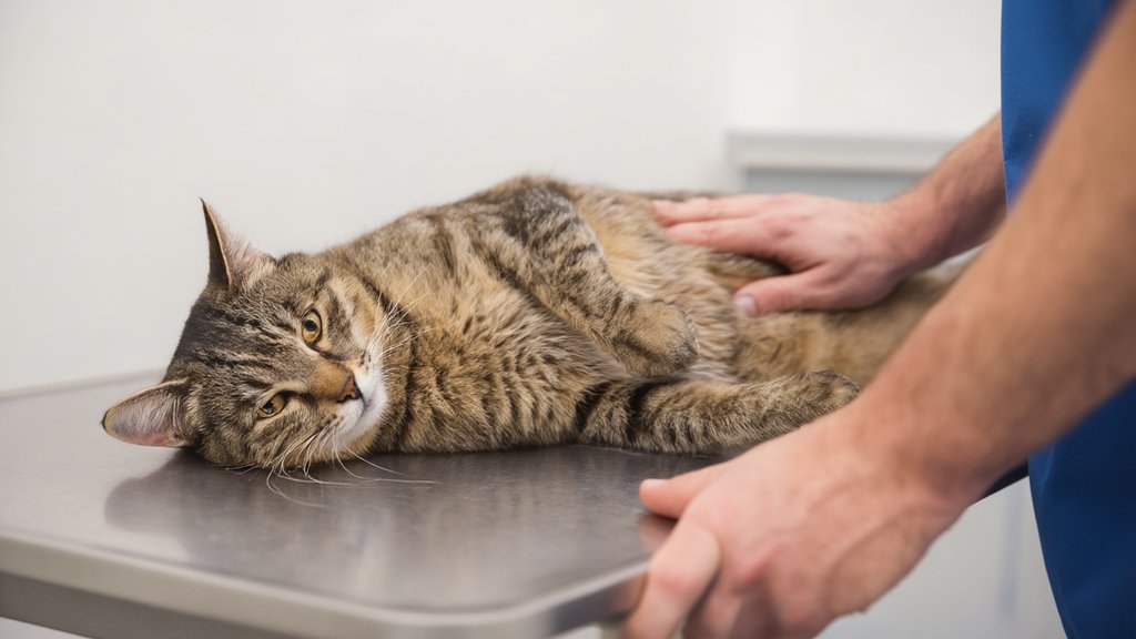 A veterinarian gently palpating the abdomen of a calm brown tabby cat on an exam table while an assistant takes notes