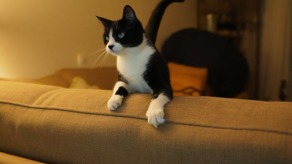 A black and white cat hesitating before jumping onto a low sofa, front paws stretched toward the cushion