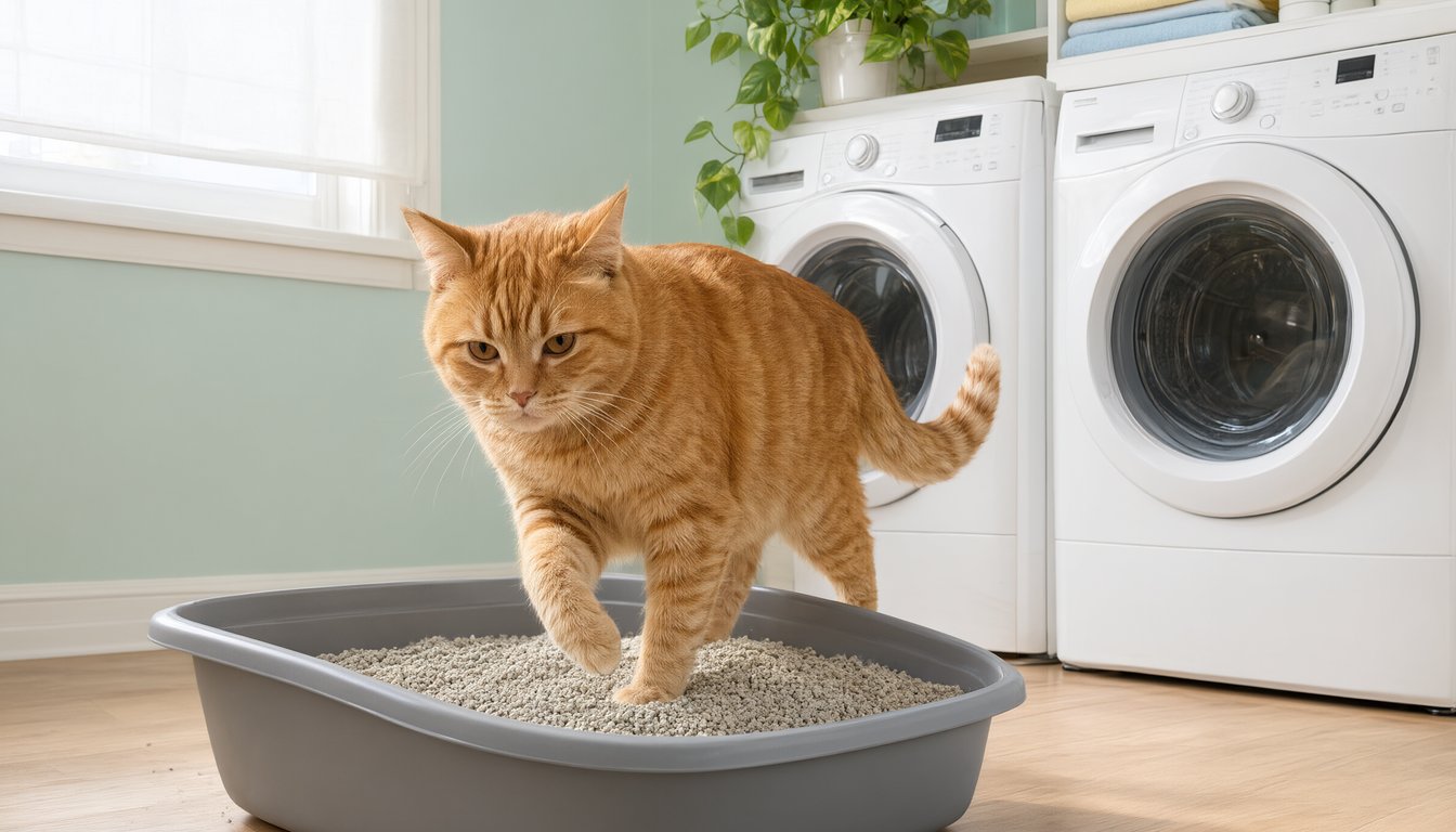 An orange tabby cat stepping out of an open litter box in a bright laundry room with soft natural light