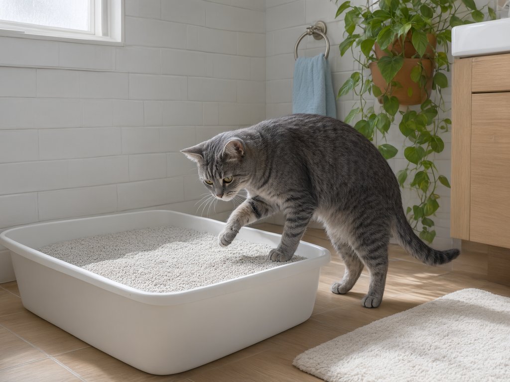 A grey tabby cat inspecting a wide uncovered litter box in a quiet bathroom corner
