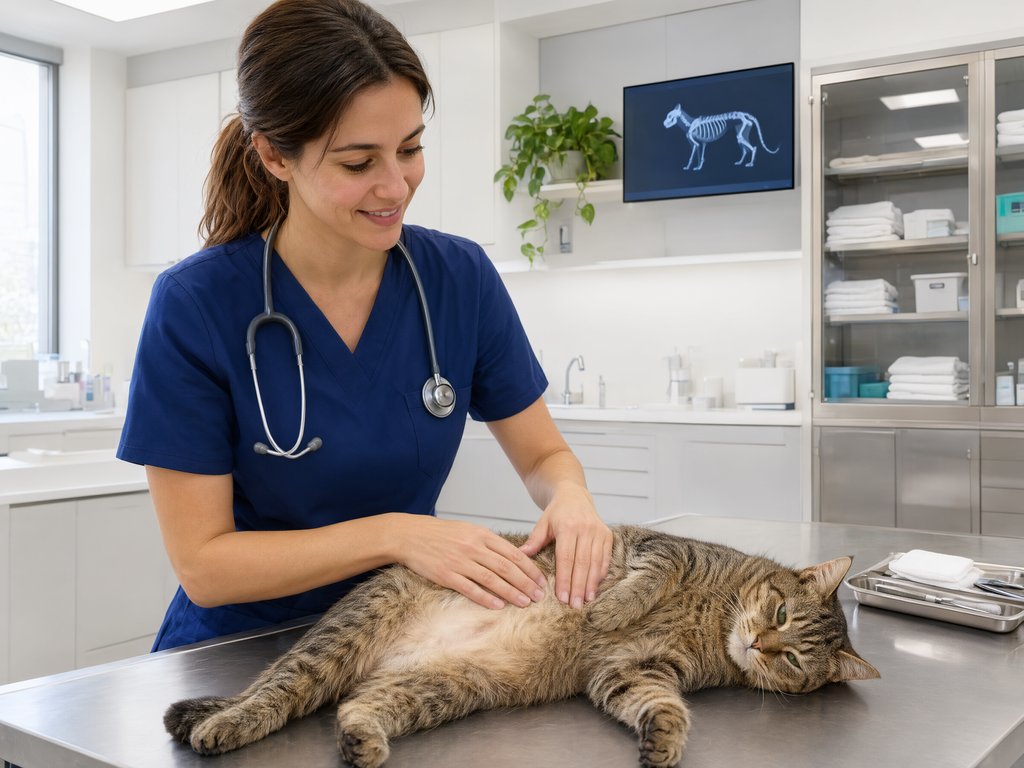 A veterinarian in scrubs gently palpating the belly of a calm brown tabby cat on an exam table