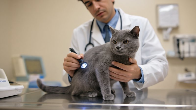 A veterinarian examining a calm grey cat with a small pen light in a quiet clinic room