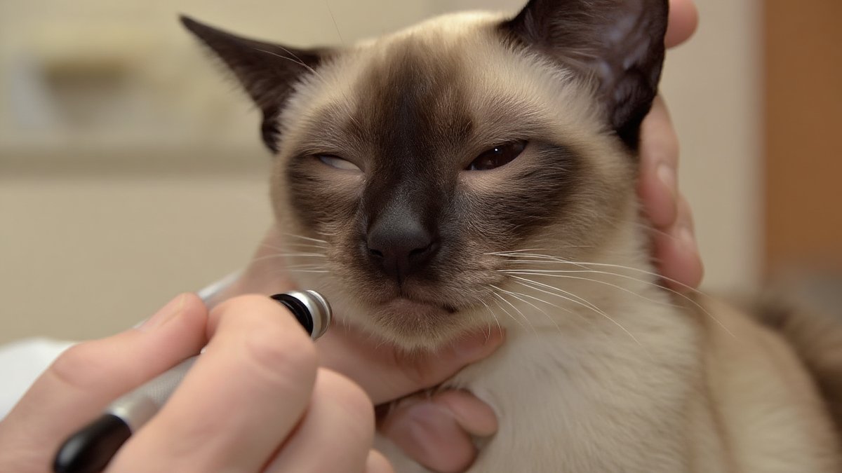 A Siamese cat with one eye half closed being examined with a penlight by a veterinarian in an exam room