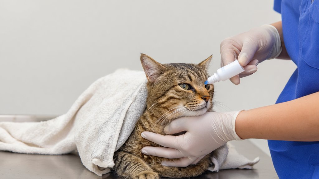 A veterinarian treating a cat's eye with drops during an exam