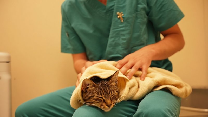A veterinarian in green scrubs checking a sleepy tabby cat wrapped in a soft blanket in a clinic prep area