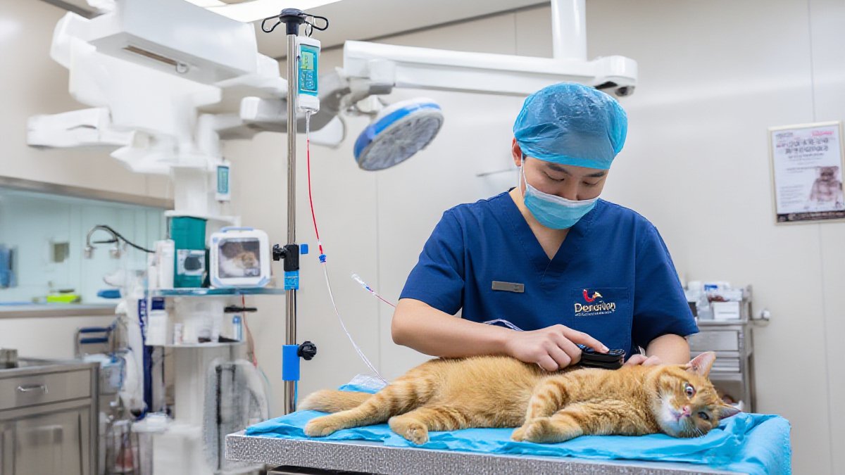 A veterinary technician monitoring anesthesia while an orange cat rests on a warmed surgical table in an American animal hospital