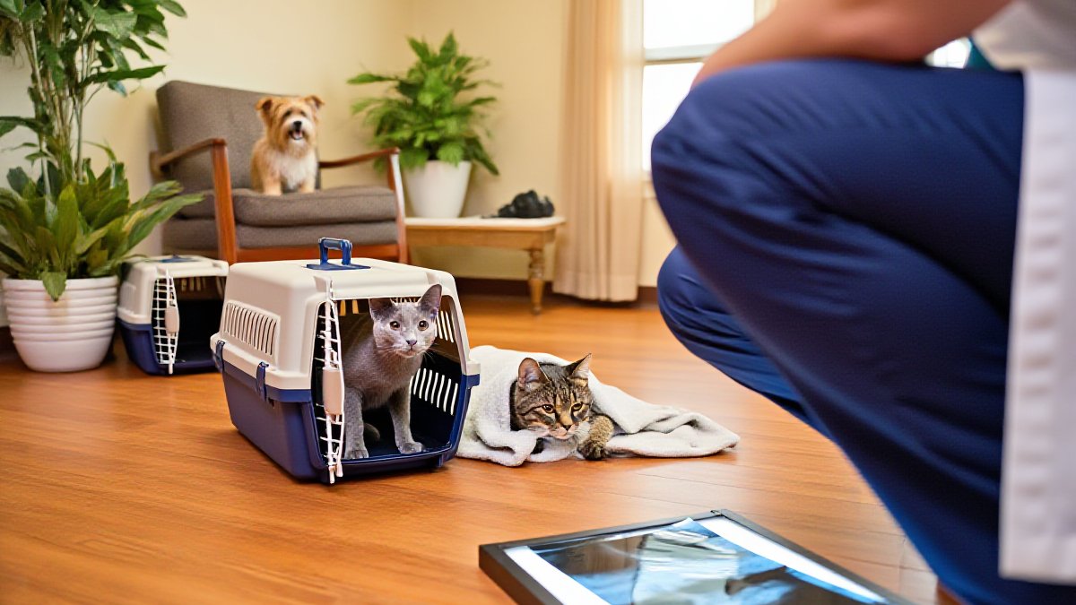 An American veterinarian in a white coat reviewing X-ray films on a lightbox while a tabby cat rests under a blanket nearby in a bright Florida animal hospital