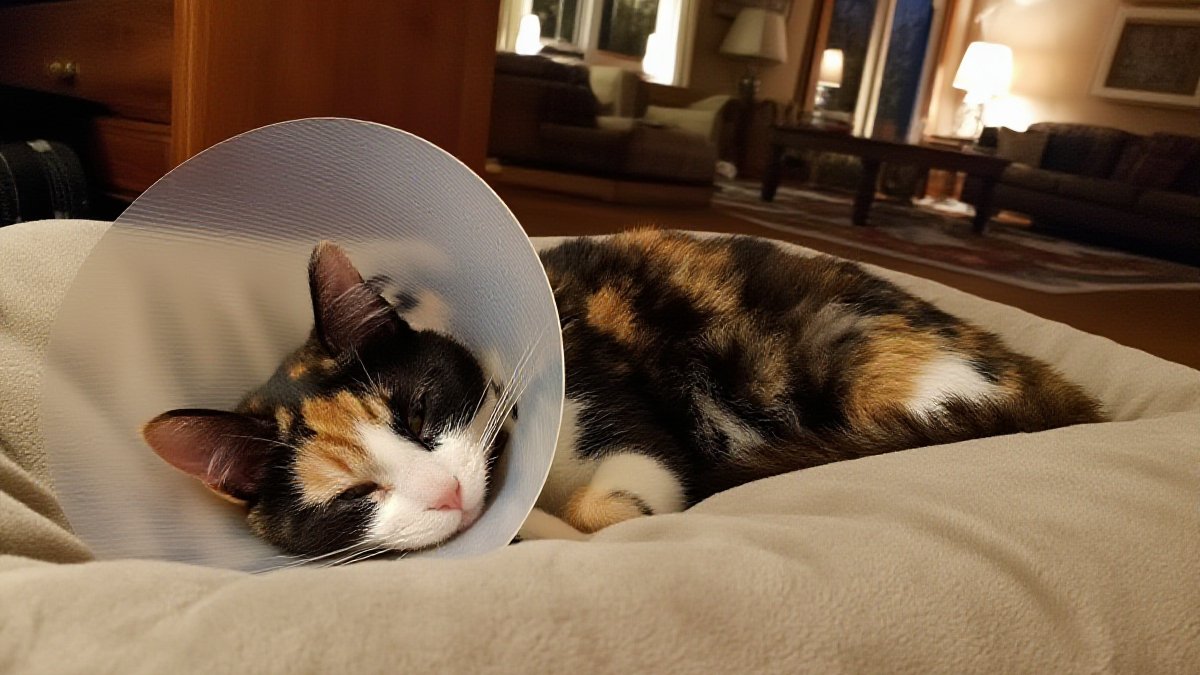 A cat dozing in a home bed the evening after surgery, soft collar on, incision clean and quiet