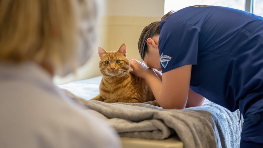 An orange tabby cat resting on a soft blanket while a veterinary technician kneels beside it