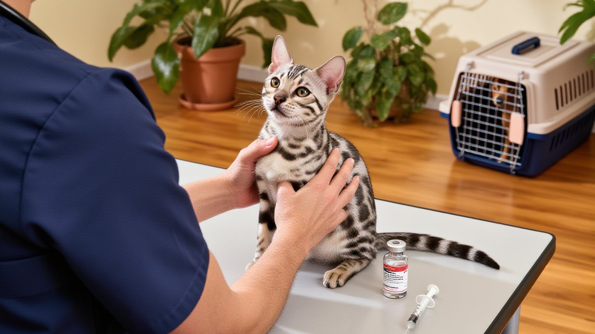 A tabby kitten on an exam table during a vaccination visit at a bright Missouri veterinary clinic, with a vaccine vial and syringe resting on the counter