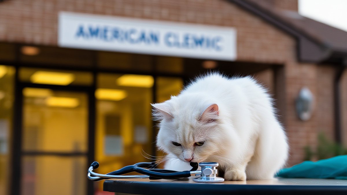 A senior white Persian cat sniffing a stethoscope draped over a table edge outside a brick-sided veterinary clinic in warm late-afternoon light