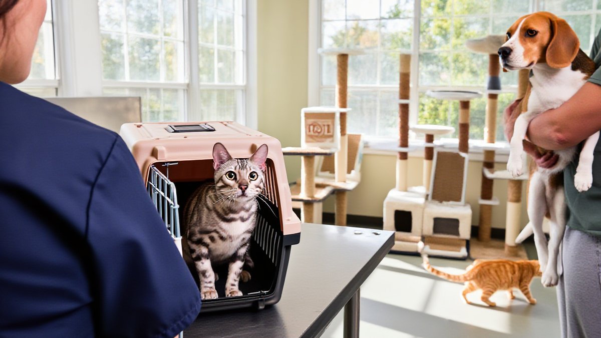 An orange tabby cat resting on an emergency clinic exam table under a veterinarian’s steady hands, lit by warm evening light