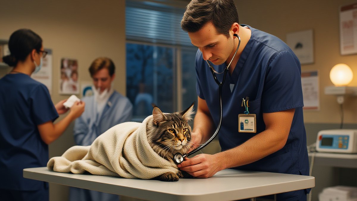 The first minutes of an emergency visit: stethoscope on a blanket-wrapped Maine Coon in a dimly lit treatment room