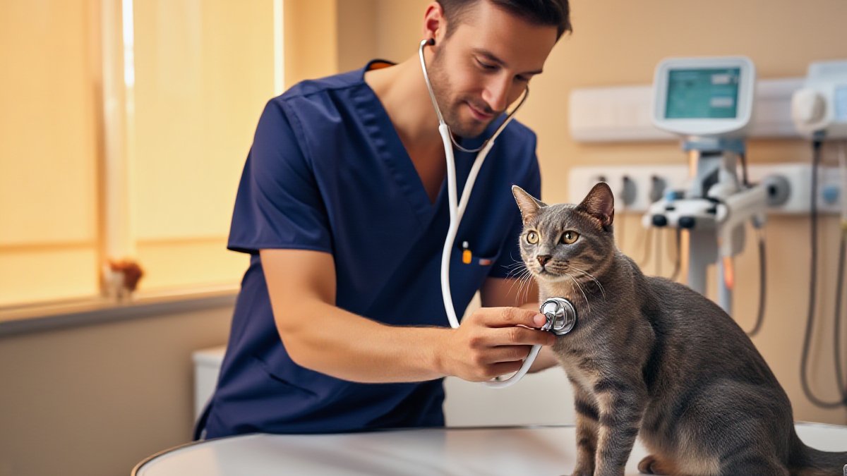 A tabby cat being examined by a veterinarian at an American veterinary clinic