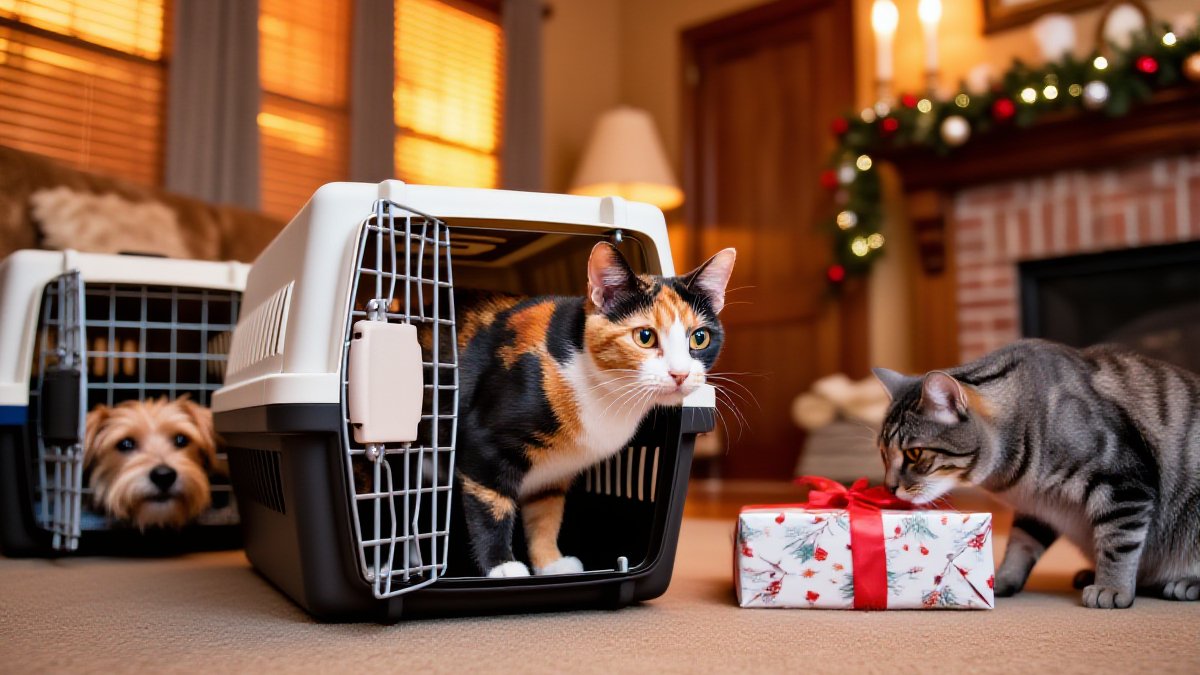 A curious gray tabby cat sniffing a wrapped gift box near a decorated fireplace mantel in a cozy living room