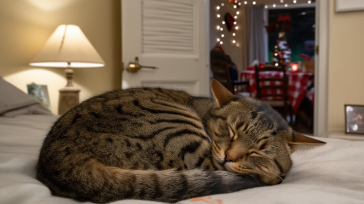 The checklist working as intended: the cat asleep in a quiet room, party noise far away