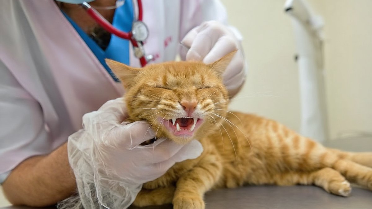 A veterinarian gently lifting the lips of a relaxed orange tabby cat to show its teeth during an exam