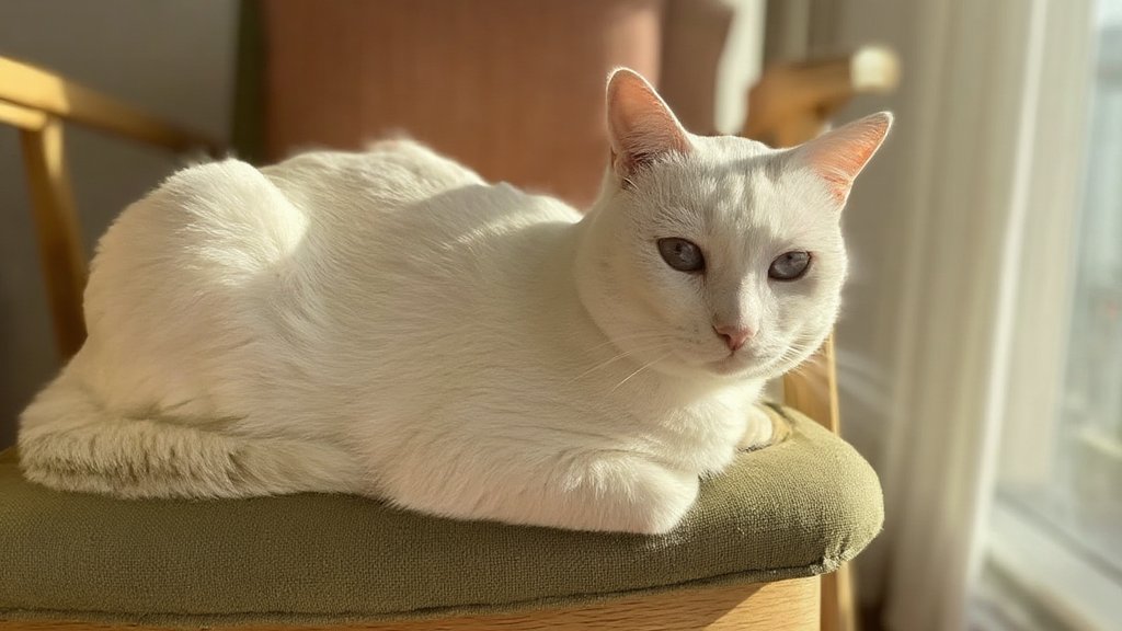 A dignified senior white cat with slightly cloudy eyes resting on a cushioned chair by a sunny window