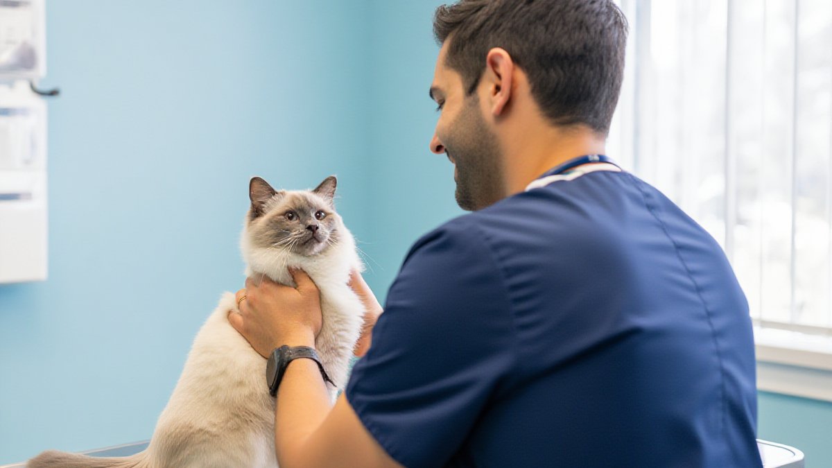 A grey British Shorthair cat being examined for fleas and ticks by a veterinarian in navy scrubs inside a bright modern Colorado veterinary clinic