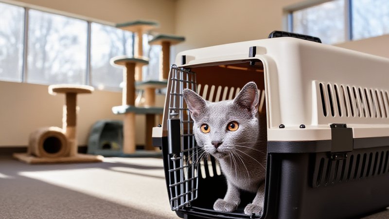 A Russian Blue kitten peeking out of an open carrier at an animal clinic
