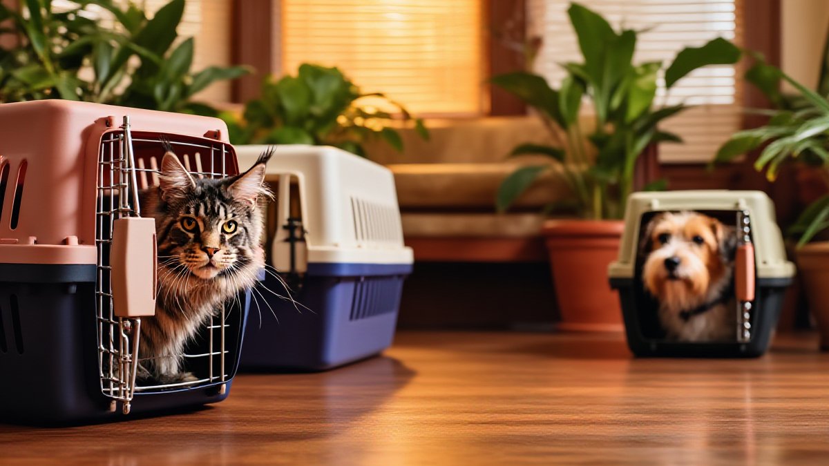 A fluffy Maine Coon kitten peeking curiously out of an open carrier in a cozy clinic waiting room