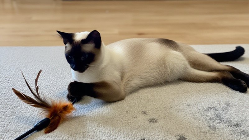 A flame-point Siamese kitten calmly examined during a veterinary checkup at home