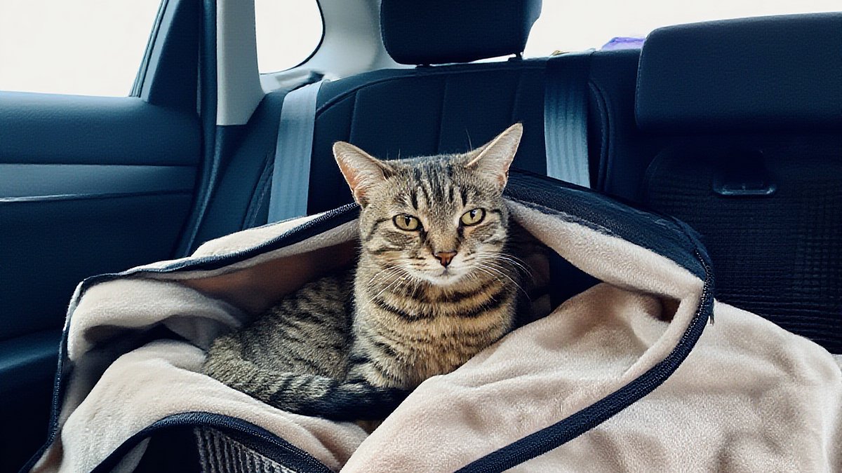 A cat sitting calmly in a soft-sided carrier with a blanket, buckled into the back seat of a car, morning light