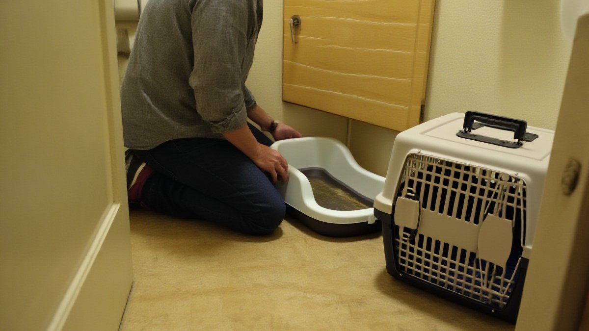 An owner kneeling beside a travel litter tray set up inside a quiet motel bathroom, cat carrier nearby