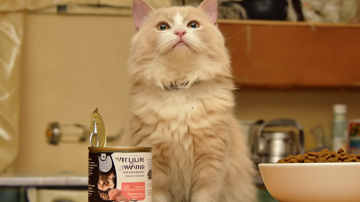A cream longhair cat sitting between an opened can of wet food and a bowl of dry kibble, looking up expectantly